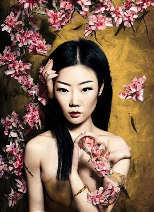 Prompt: portrait of Arden Cho as a young charlies tattoed yakuza, defiant look attitude, cinematic lighting, ultra-detailed, sharp focus, D&D style, highly detailed, sharp focus, golden background with flowers, photorealism, style of Hajime Sorayama, art by Hirothropologie , artgerm and Patrick DeMarchelier