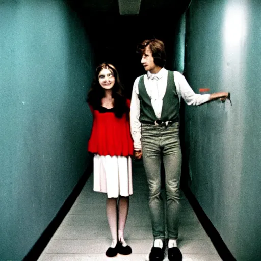 Prompt: 1978 teenage girl holds hands with sad inflatable face boyfriend at high school, color Tarkovsky film, in school hallway, dirty walls, archival footage, technicolor film, 16mm, live action, John Waters, campy movie scene