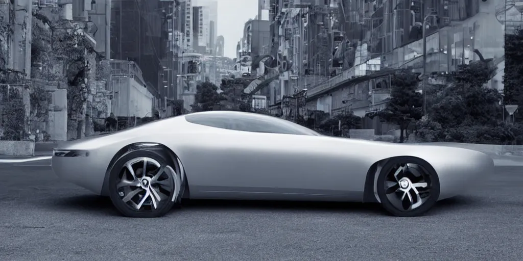 Prompt: a futuristic minimal silver sports car sedan designed by Apple, Jonny I’ve and Steve Jobs.