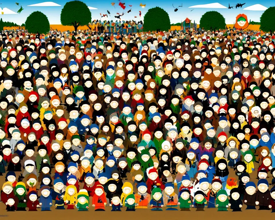 Image similar to south park characters art by hieronymus bosh, triumph of death by pieter brueghel