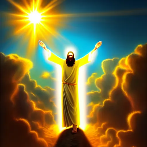Prompt: jesus under the sun bringing light to earth, sun as bitcoin, glorious, heroic, dramatic, volumetric lighting, digital painting, ultra sharp, extreme details