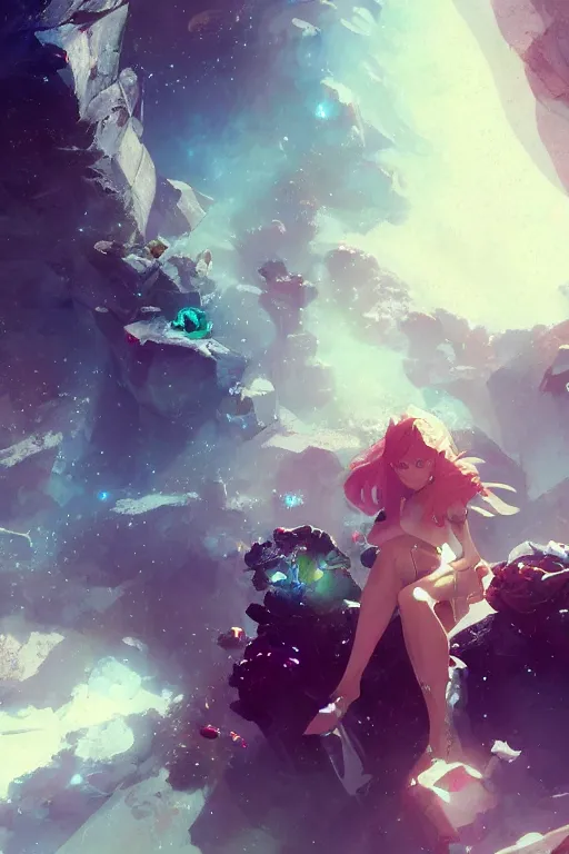 Prompt: A beautiful woman sitting on a bed of crystals below planets, cinematic lighting, dramatic atmosphere, by Dustin Nguyen, Akihiko Yoshida, Greg Tocchini, Greg Rutkowski, Cliff Chiang, 4k resolution, trending on artstation