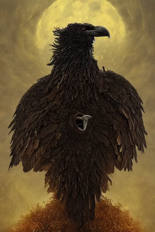 Image similar to Intricate stunning highly detailed raven by agostino arrivabene and Vladimir Kush, surreal sculpture, ultra realistic, Horror, dramatic lighting, full moon, blood moon, thick black swirling particle smoke tornado, fire embers, trending on artstation