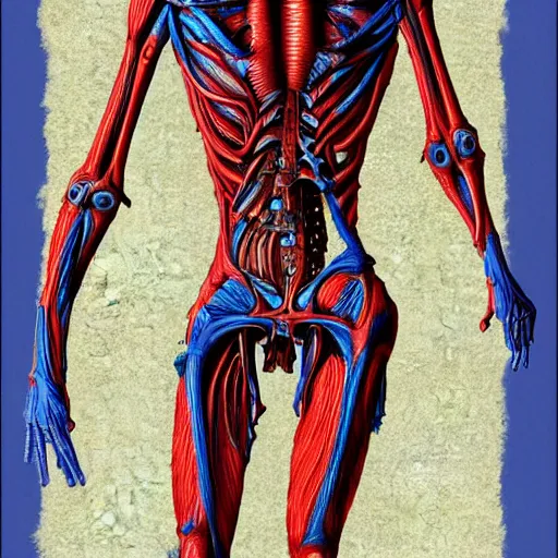 Prompt: anatomically correct diagram of 3 legged alien, h. r. giger, red and blue, 8 feet fall