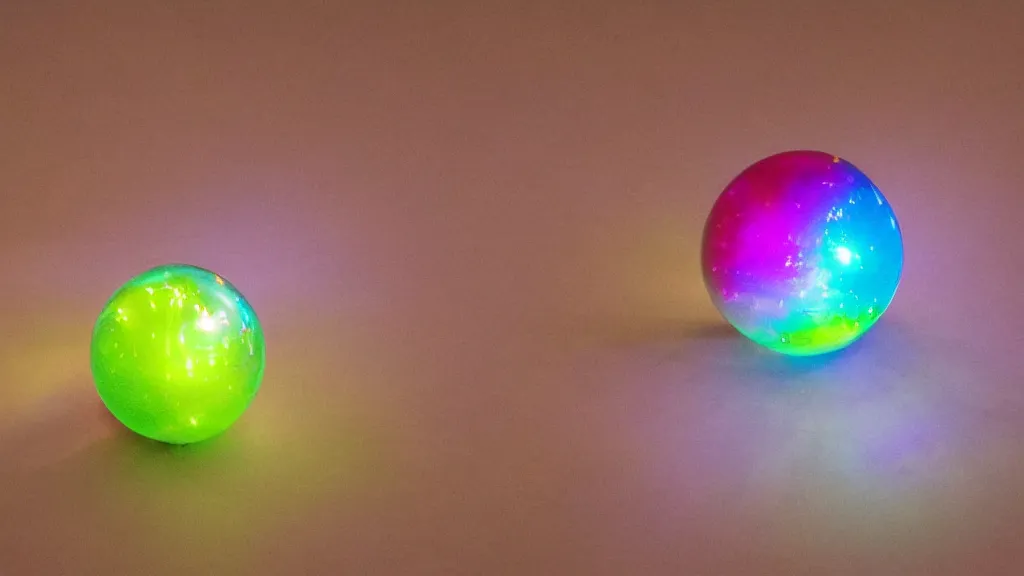 Prompt: a colored glass ball with light caustics passing through it hitting the floor.