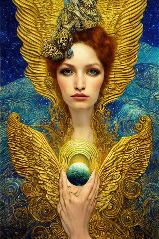 Image similar to Visions of Paradise by Karol Bak, Jean Deville, Gustav Klimt, and Vincent Van Gogh, visionary, otherworldly, celestial fractal structures, infinite angel wings, ornate gilded medieval icon, third eye, spirals, heavenly spiraling clouds with godrays, airy colors