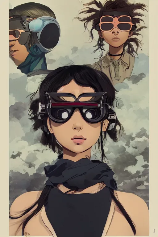 Image similar to face of a beautiful girl wearing goggles, dark skin, big hair, symmetrical, ilya kuvshinov, jamie hewlett, yoji shinkawa, muted colors, portrait, beautiful detailed illustration, 17th century oil painting, flat colors, studio ghibli, cel shading, loish, pop art,