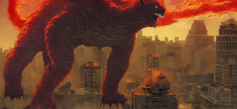 Prompt: a giant kaiju cat destroying the city, digital painting masterpiece, by ilya kuvshinov, by frank frazetta, by mœbius, by reiq, by hayao miyazaki, intricate detail, beautiful brush strokes, advanced lighting technology, 4 k wallpaper, interesting character design, stylized yet realistic anatomy and faces, inspired by kill bill animated scene