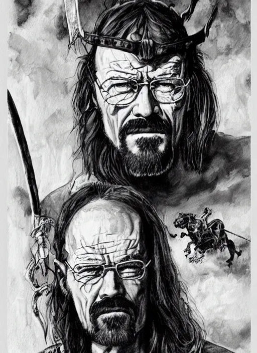 Image similar to portrait of walter white as conan the barbarian by frank frazetta and harumi hironaka