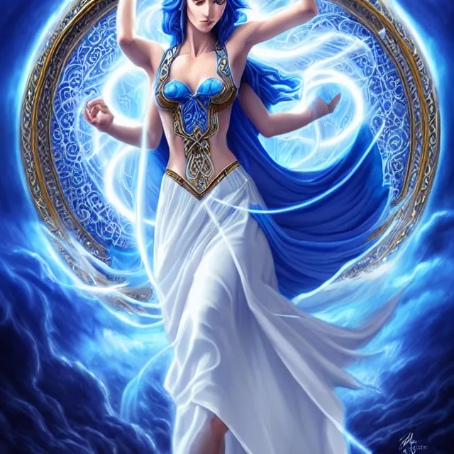 Prompt: beautiful!! elemental sky witch with intricate ornate blue and white robes and water powers artgerm anne stokes highly detailed 8 k hdr smooth sharp focus high resolution award - winning photo photorealistic