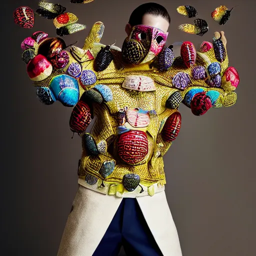 Image similar to a young athletic slim beautiful latin prince wears a mask decorated with intricate small colorful beetles made of organza, designed by alexander mcqueen, photographed by erwin olaf for an expensive fashion magazine