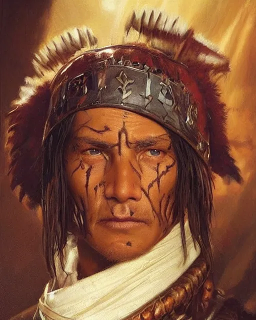 Prompt: an old sioux warrior, scars on his face, oil on canvas, artstation, by j. c. leyendecker and edmund blair leighton and charlie bowater, beautiful face, octane, very aesthetic!!!!!!!!!!!!!!! stunning gorgeous big eyes