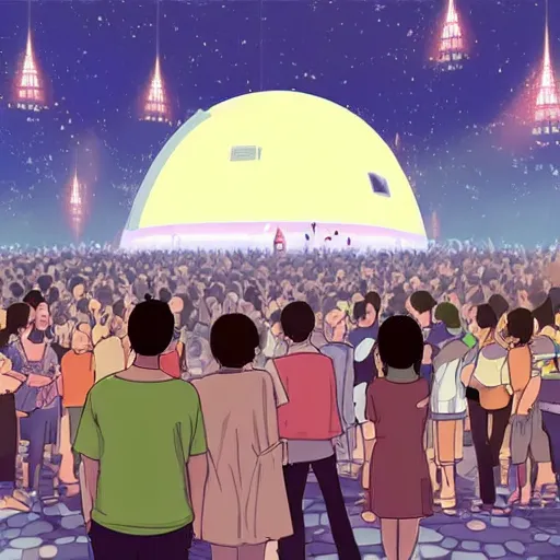 Prompt: illustration of an excited crowd looking at glowing sci fi dome in the centre of a dream city, studio ghibli, ultra hd