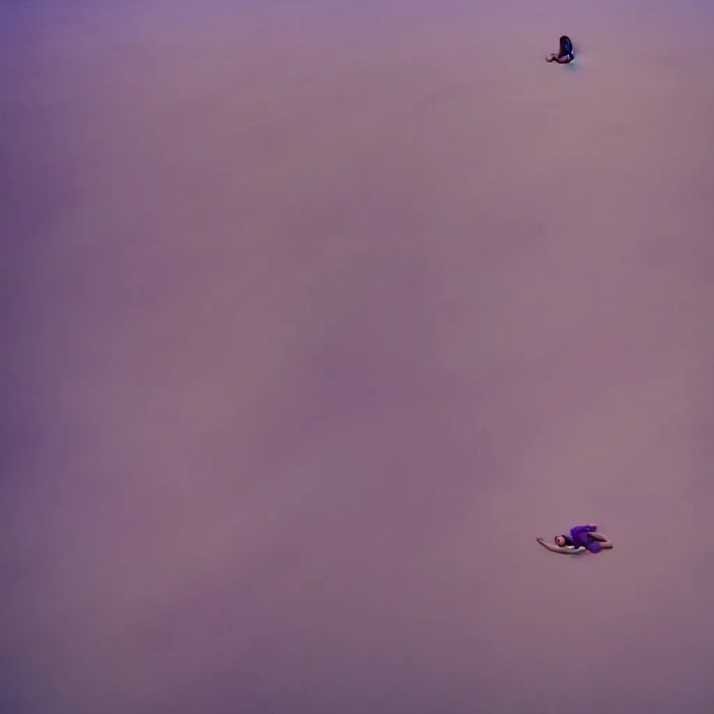 Prompt: aerial view of iridiscent oil spill in desert dunes of sand tempest with women corpses connected by cables and computers to wax forms to a buried baby relaxing on yoga mat, faded, purple gradient, dust, purple fog, depth of field, by werner herzog, hans bellmer and nadav kander, 8 k, sad atmosphere, cinematic