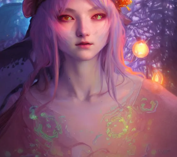 Prompt: beautiful ancient pastel frost witch, fire in eye, snow glow, pool party, highly detailed, digital painting, artstation, sharp focus, illustration, art by tan zi and ayanamikodon and alphonse mucha and wlop!!