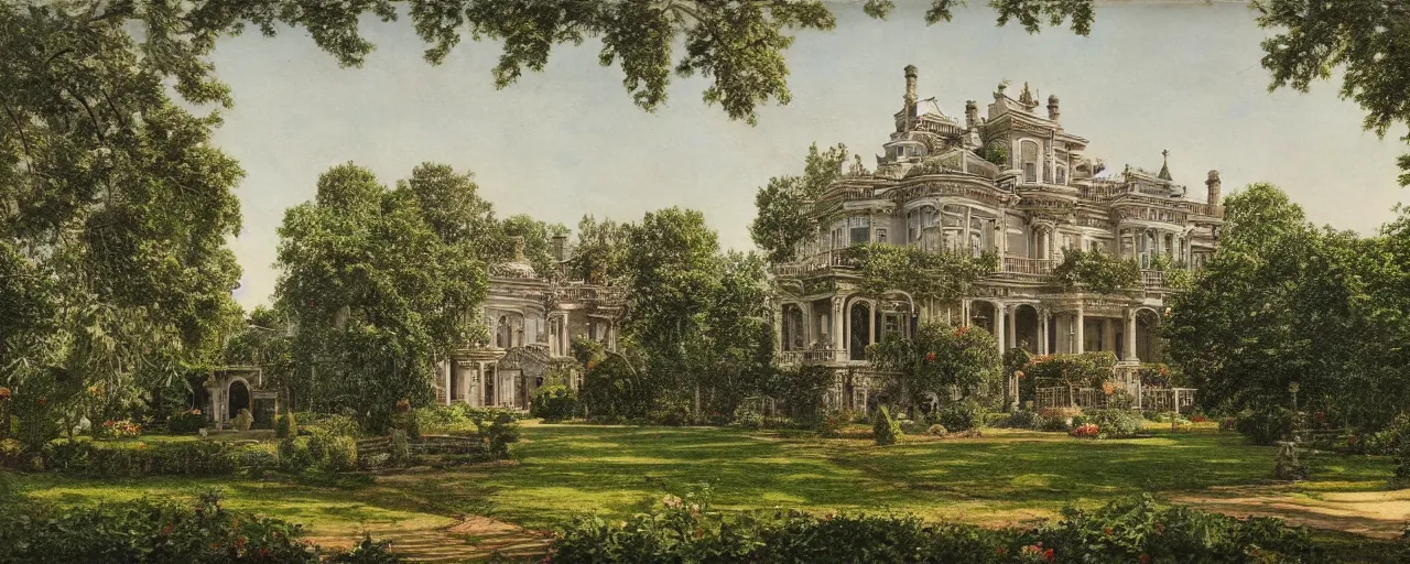 Image similar to a highly detailed photograph of a house from the 1880s surrounded by beautiful gardens, view from ground level, elegant, ornate, daytime, beautifully lit scene