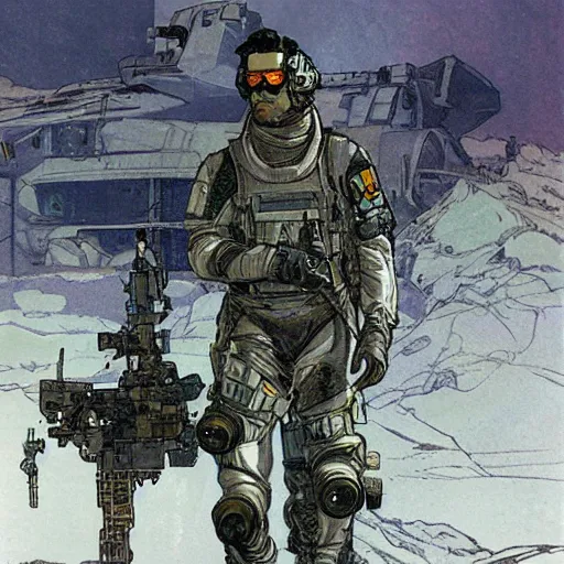 Prompt: Hector. USN special forces recon operator in near future gear, cybernetic enhancement, on patrol in the Australian neutral zone, deserted city landscape. 2087. Concept art by James Gurney and Alphonso Mucha