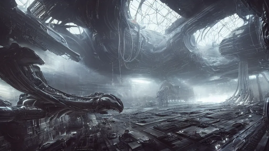 Image similar to a Photorealistic dramatic hyperrealistic,hyper detailed render by Greg Rutkowski,Craig Mullins of an Epic Sci-Fi, Gigantic Alien xenomorph spaceship inside huge interior hangar,intricate bio mechanical surface details,many tubes and cables hanging from the ceiling by,ILM,Beautiful dynamic dramatic moody lighting,Volumetric,Cinematic Atmosphere,Octane Render,Artstation,8k