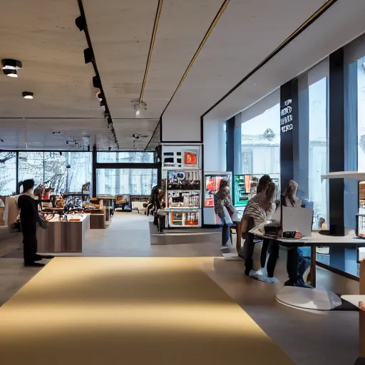 Prompt: photograph of the interior of a Microsoft flagship store in the style of Wes Anderson, architecture magazine, dezeen, 50mm, pentax, film