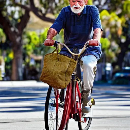 Prompt: a old man riding a bicycle in los angeles carrying a bag of mcdonalds, high detail, 4k