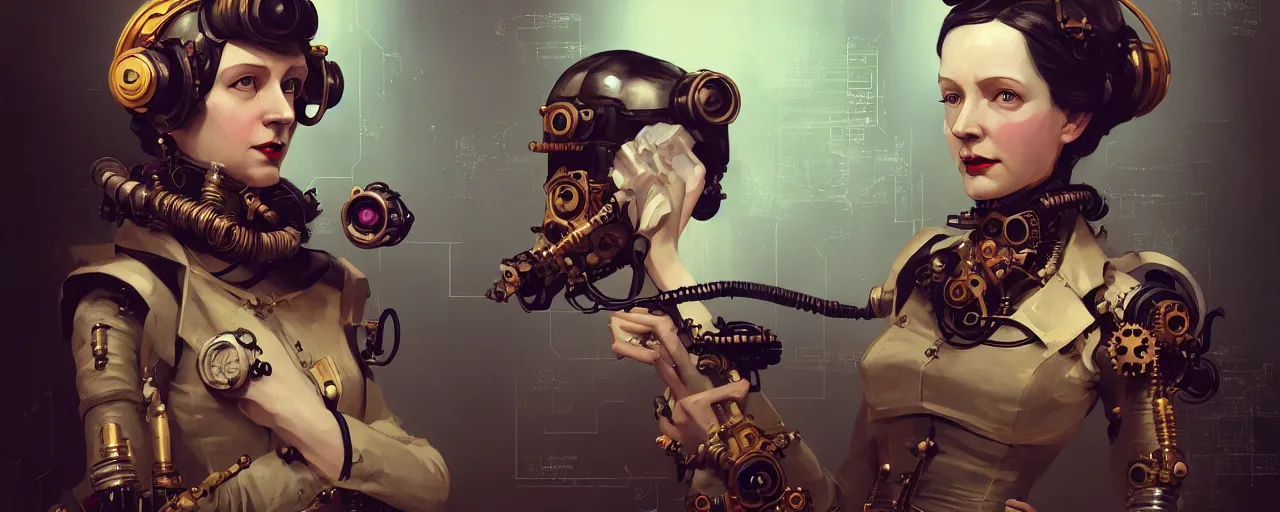 Image similar to duotone dark concept illustration 3 / 4 portrait of ada lovelace as steampunk cyborg. highly detailed mechanism cinematic lighting. golden ratio accidental renaissance. by sachin teng and sergey kolesov and ruan jia and heng z. graffiti art, scifi, fantasy, hyper detailed. octane render. concept art. trending on artstation