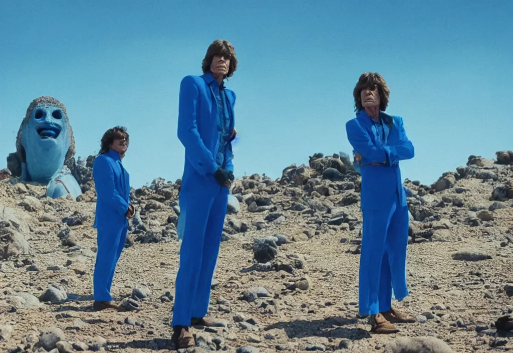 Image similar to mick jagger dressed in blue costume with jewels in a dry rocky desert landscape, with alien complex city beneath the sand and giant alien spaceship in the sky attacks the earth by christopher doyle and alejandro jodorowsky, anamorphic lens, kodakchrome, cinematic composition, masterpiece, 8 k