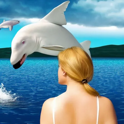 Image similar to a hyper realistic image of a very beautiful blond girl standing near a window, she is facing the camera, a Beluga is swimming in the sky