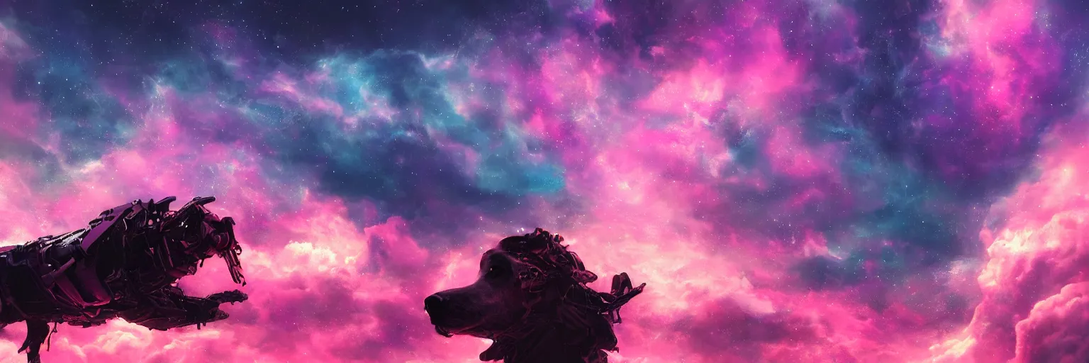 Prompt: space, hyperdetailed illustration, portrait big dark dog, mohawk, stars, pink, neon, oil painting, rich deep colors masterpiece, pirate neon ship, ultra detailed, contrast, heaven pink, clouds, volumetric light, atmospheric lighting, dramatic, cinematic, moody, octane render 4 k, 8 k