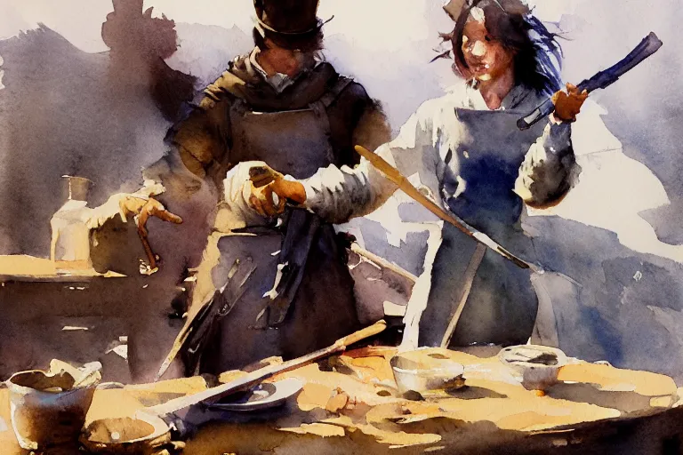 Prompt: small centered on watercolor paper, paint brush strokes, abstract watercolor painting of medieval blacksmith with apron, cinematic light, national romanticism by hans dahl, by jesper ejsing, by anders zorn, by greg rutkowski, by greg manchess, by tyler edlin