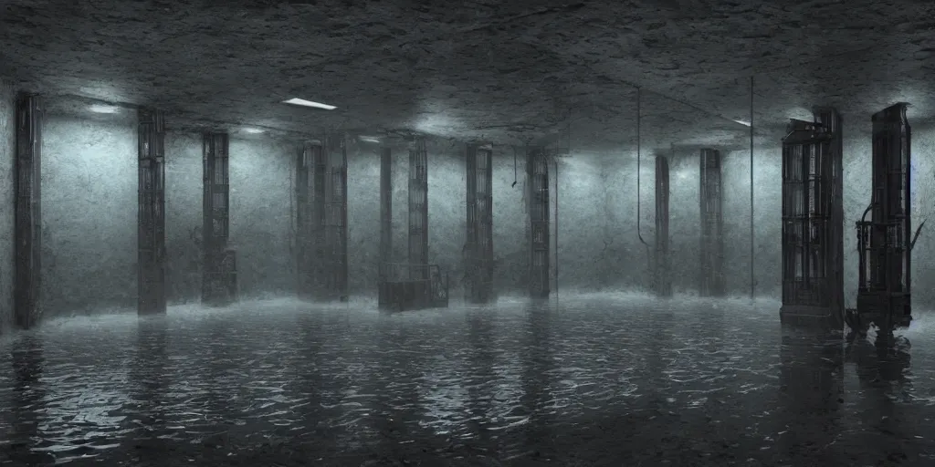 Prompt: echo chamber room, dark art fantasy, 3d render, super detailed, puddle of water, barrels, foggy