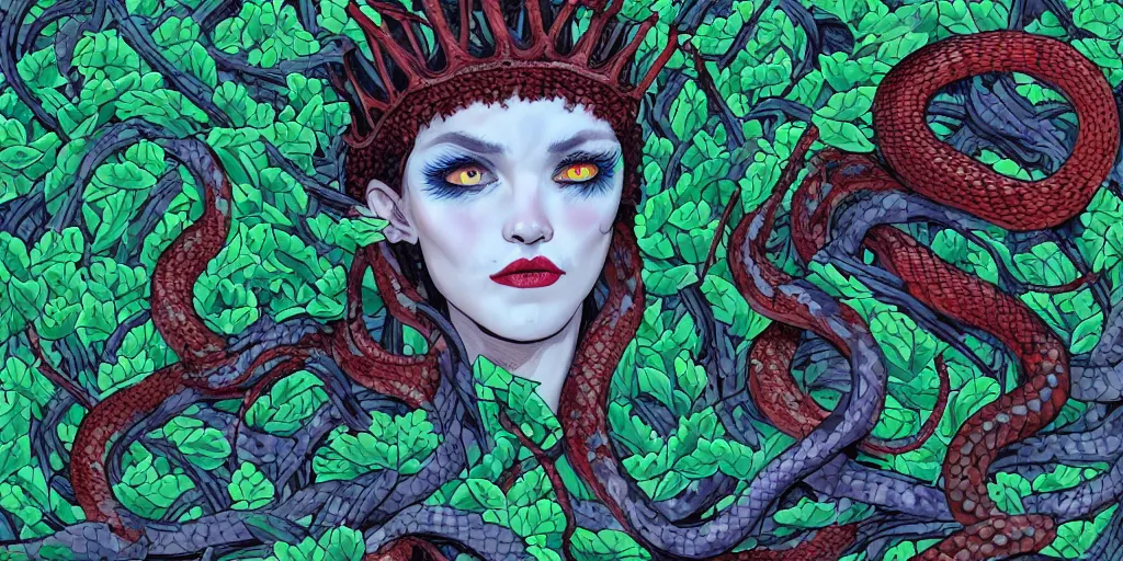 Image similar to queen of snakes, rotting crown of vines, red eyes + blue skin