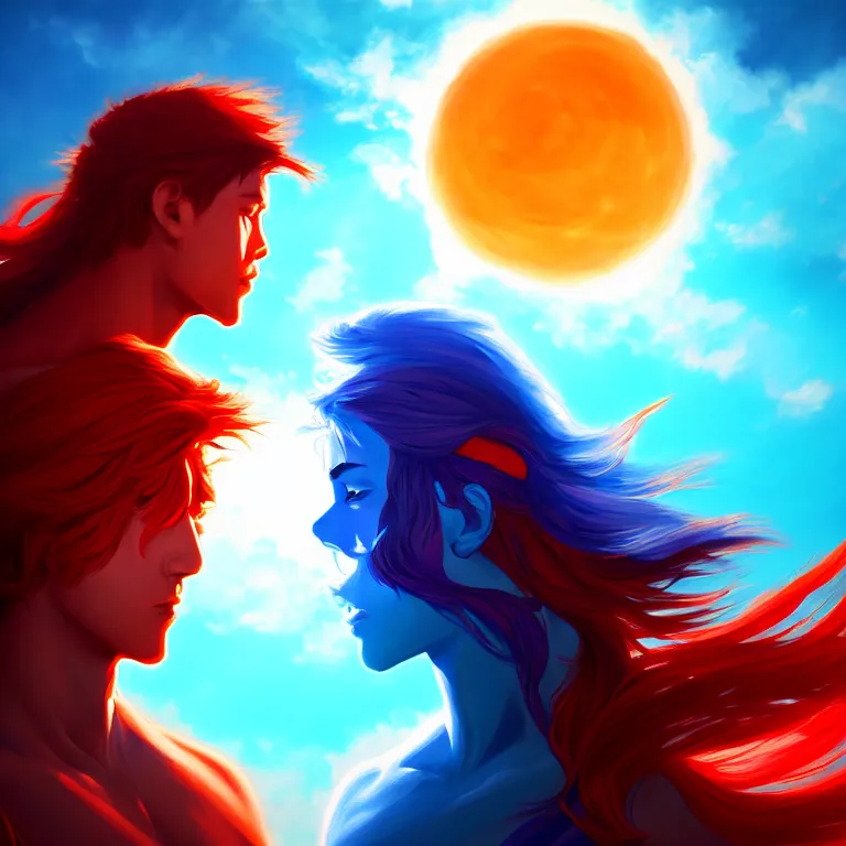 Image similar to crimson and azure become as the sun; detailed, best on artstation, epic, masterpiece