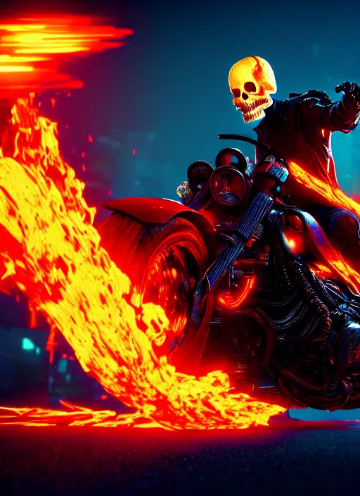 Image similar to epic wicked evil nasty filthy cyberpunk ghost rider, 8K, trending on ArtStation, vivid colors, grungy, photographic emulsion, horror masterpiece, cinematic lighting, still from dramatic action sequence, grattage