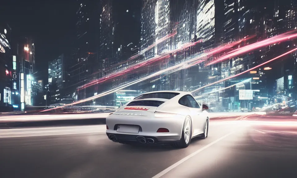 Prompt: photo of a porsche 911 at night drifting through a city, octane render, cinematic, 4k, long exposure photography, tokyo drift, fast and furious, film still, night photography, motion blur, lens flare, movie shot, light trail, distortion, wide angle
