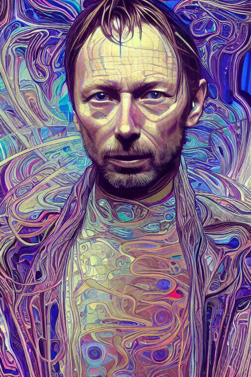 Image similar to A portrait of Thom Yorke as a cyberpunk, iridescent highlights, surrounded by digital swirls, highly detailed, intricate, soft, sci-fi, sharp focus, glowing lines, art by Moebius, Alphonse Mucha