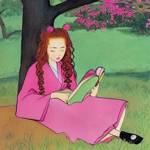 Image similar to beautiful little girl with long curly red hair dressed in a pink kimono and sitting next to a tree while reading a book, artwork made in western comic art style, inspired in balthus, anatomically correct, higher details