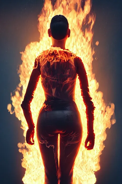 Prompt: beautiful young blonde woman from behind playing with flames coming out of her skin wearing a long matrix style jacket, realistic, high definition, many details, dramatic scene, symmetrical face, realistic eyes, cyberpunk art 2077