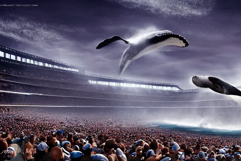 Image similar to a humpback whale flying over the NFL Super Bowl Stadium cinematic lighting by Jessica Rossier