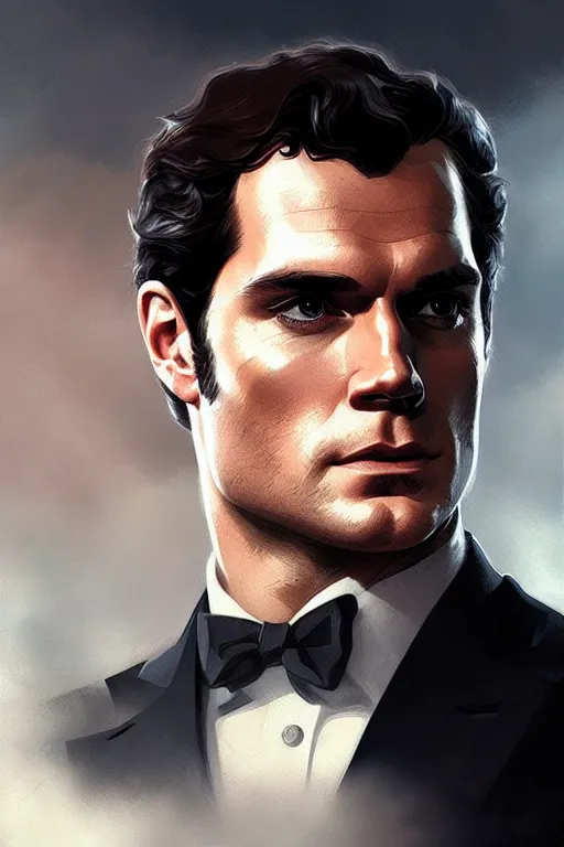 Image similar to portrait of henry cavill as james bond, highly detailed, digital painting, artstation, concept art, cinematic lighting, sharp focus, illustration, art by artgerm and greg rutkowski and alphonse mucha