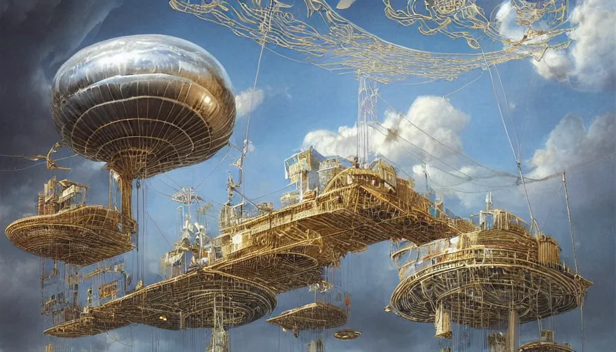 Prompt: an inflated stainless steel chrome gondola in the clouds, people are hanging by steel cables. Oil rigs in the sky. Intricate technical drawing. Colored pencil. Mammatus clouds. Ornate, brilliant, utopian, detailed, Golden ratio, solarpunk technology by Lebbeus Woods and Craig Mullins