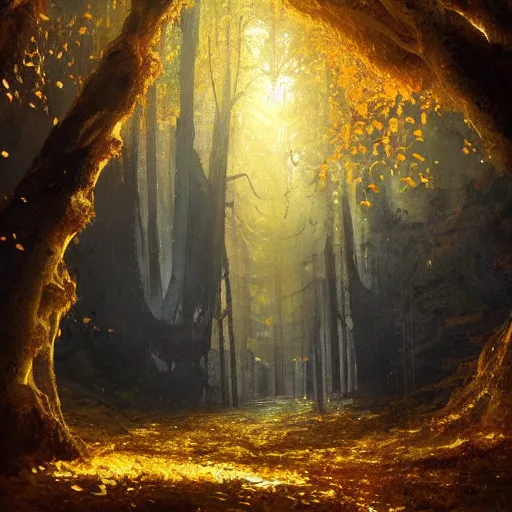 Prompt: tree with golden glowing leaves that grows from the ceiling of an underground cave, oil painting, by greg rutkowski