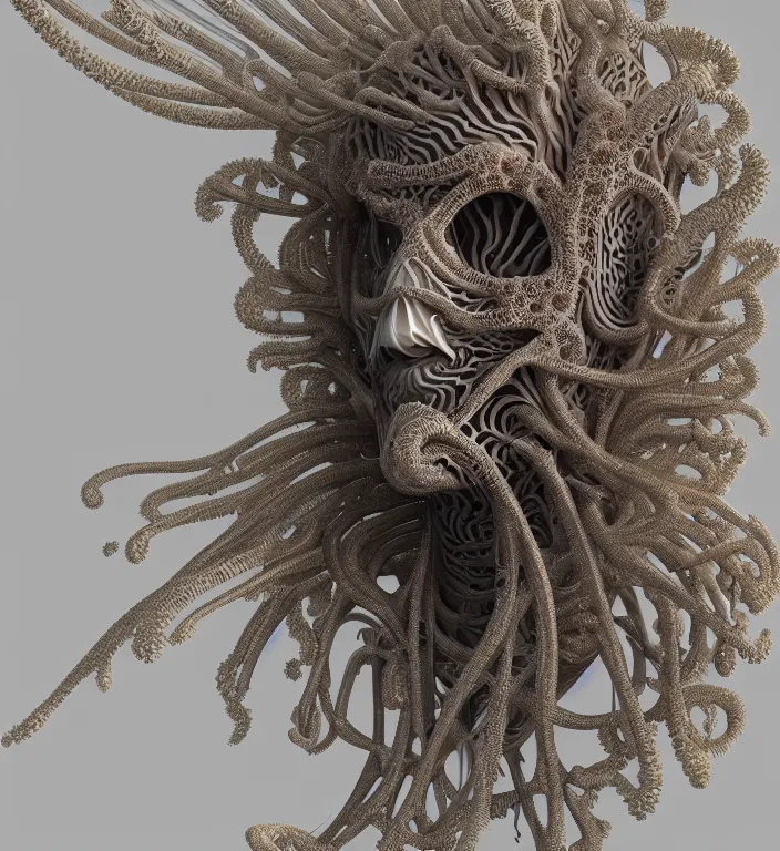 Image similar to portrait intricate mask, eagle coral, jelly fish, mandelbulb 3 d, fractal flame, octane render, cyborg, biomechanical, futuristic, by ernst haeckel