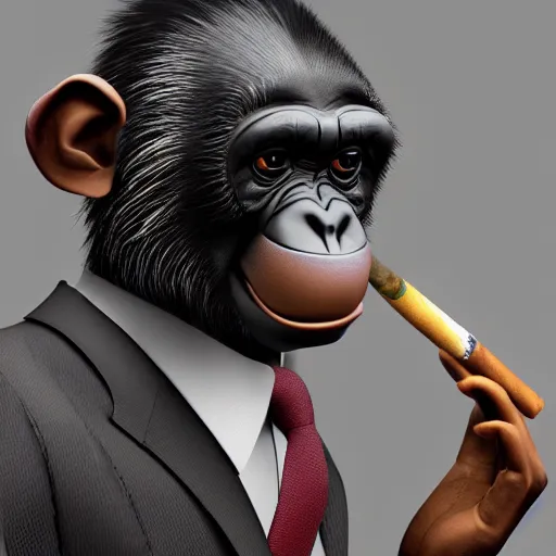 Image similar to a high detail closeup shot of a chimp wearing a suit 👔,and smoking a cigarrette🚬, cgcosiety, artstation, unreal engine, realism