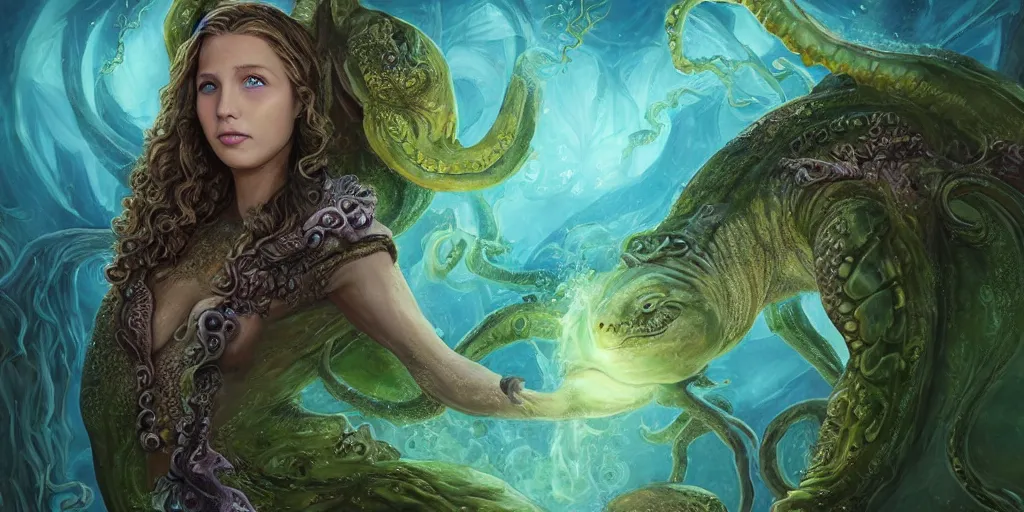 Image similar to Fantasy fairytale style portrait painting, Great Leviathan Turtle, cephalopod, Cthulhu Squid, hybrid, Mythic Island, center Universe, accompany Cory Chase, Blake Lively, Anya_Taylor-Joy, Grace Moretz, Halle Berry, Mystical Valkyrie, Anubis-Reptilian, Atlantean Warrior, hybrid, intense fantasy atmospheric lighting, digital oil painting, hyperrealistic, François Boucher, Michael Cheval, Oil Painting, Cozy, hot springs hidden Cave, candlelight, natural light, lush plants and flowers, Spectacular Mountains, bright clouds, luminous stellar sky, outer worlds, Jessica Rossier, michael whelan, William-Adolphe Bouguereau, Solar Flare HD,