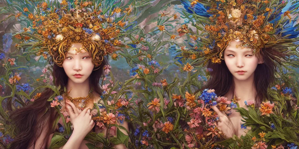 Prompt: breathtaking detailed concept art painting of the goddess of cornflower flowers, orthodox saint, with anxious, piercing eyes, ornate background, amalgamation of leaves and flowers, by Hsiao-Ron Cheng, James jean, Miho Hirano, Hayao Miyazaki, extremely moody lighting, 8K