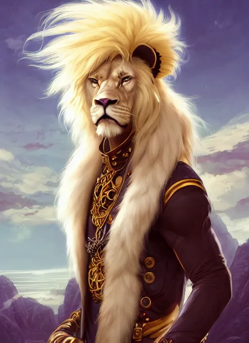 Prompt: aesthetic portrait commission of a of a male fully furry muscular anthro albino lion on a pirates ship wearing an attractive pirates suit with a tail and a beautiful attractive hyperdetailed face at golden hour. Character design by charlie bowater, ross tran, artgerm, and makoto shinkai, detailed, inked, western comic book art, 2021 award winning film poster painting