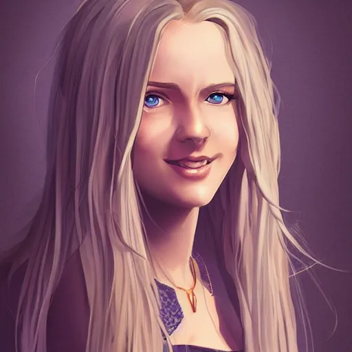 Prompt: portrait, 30 years old women :: fantasy :: blue eyes, long straight blonde hair, beeing happy, smiling :: attractive, symmetric face :: brown medieval cloting, natural materials :: high detail, digital art, RPG, concept art, illustration