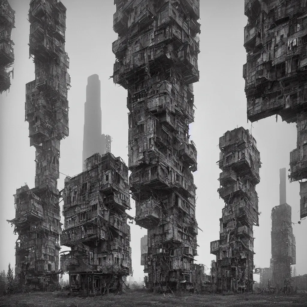 Image similar to two giant towers, made up of makeshift squatter shacks, misty, dystopia, mamiya rb 6 7, fully frontal view, very detailed, photographed by ansel adams