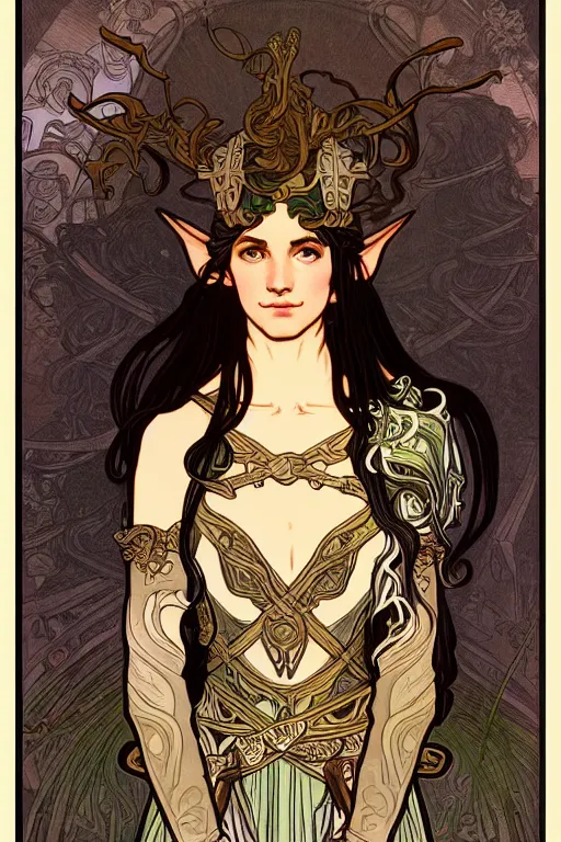Image similar to head and shoulders portrait of an eldritch knight, elf, beautiful, female, breastplate, magical, high fantasy, d & d, by alphonse mucha, face details, extremely detailed, digital illustration