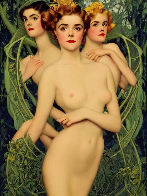 Image similar to Kiernan shipka as the three graces, a beautiful art nouveau portrait by Gil Elvgren and Gerald Brom and Alberto Vargas and Bill Henson, Moonlit forest environment, centered composition, defined features, golden ratio, golden jewelry